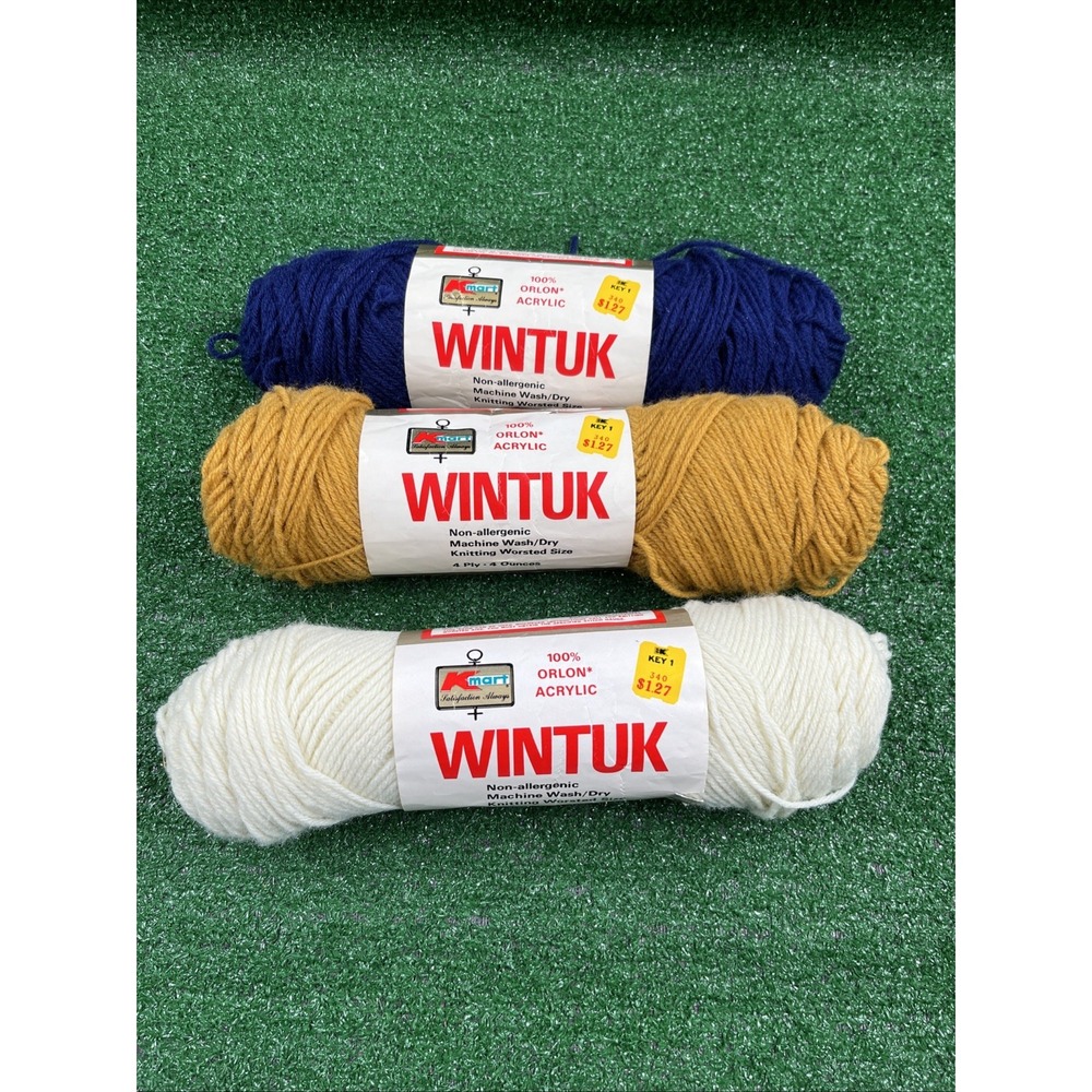 Vtg Wintuk Yarn  Worsted 4-Ply 4oz Orlon Acrylic 3 Skeins Gold White Navy New